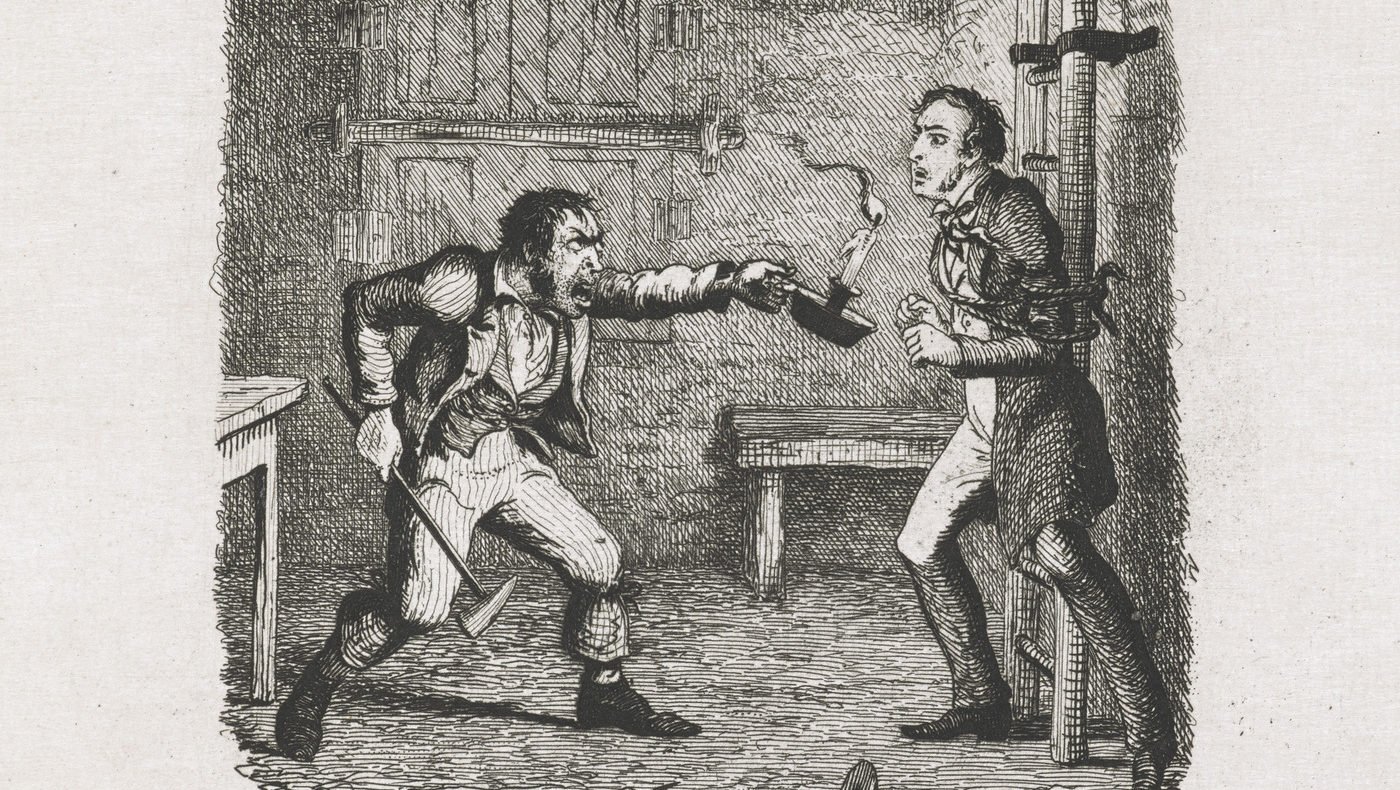 An illustration in which Orlick threatens Pip with a candlestick.