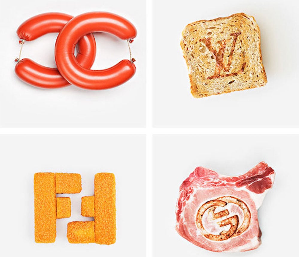 picture of food arranged to look like the chanel, louis vuitton, fendi and gucci logos