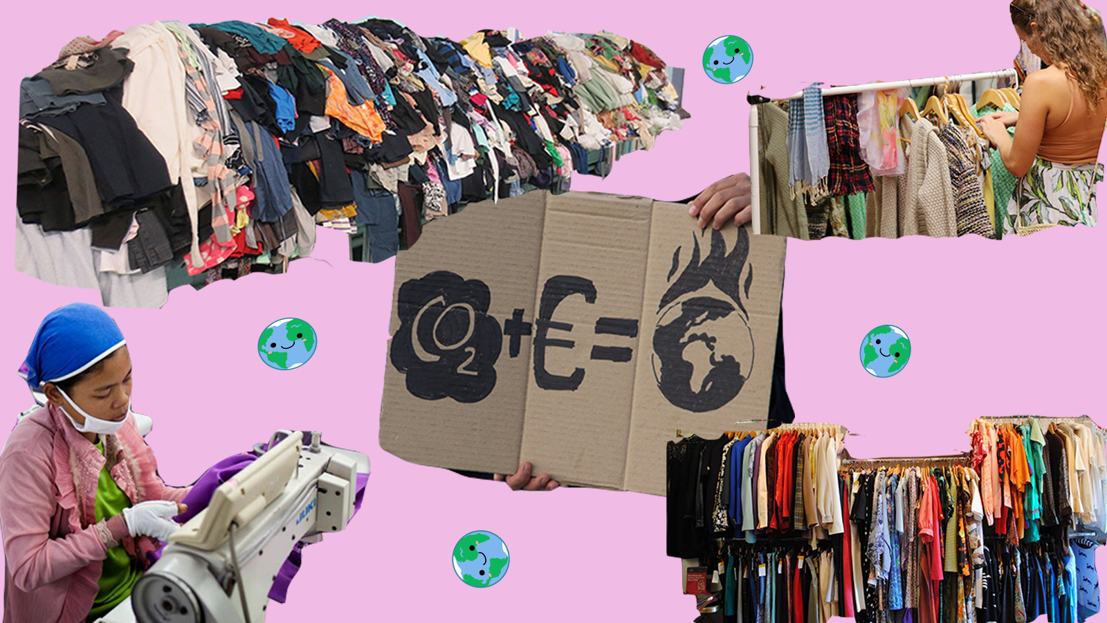 Collage showing textile waste and impacts of the fashion industry on the environment