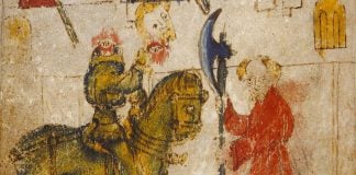 Original manuscript, showing a man in a red coat holding a bardiche, and a headless man on a horse.
