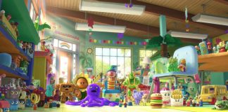 A Scene from Toy Story 3 showing animated toys crowded into a nursery school room