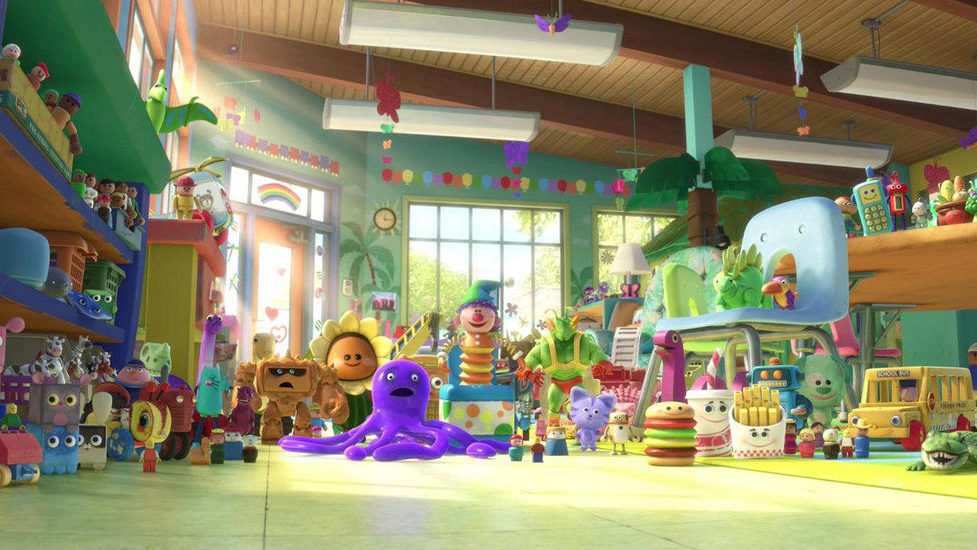 A Scene from Toy Story 3 showing animated toys crowded into a nursery school room