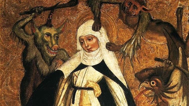 A painting of St. Catherine of Siena, who is wearing a white habit and is surrounded by devilish-looking creatures.