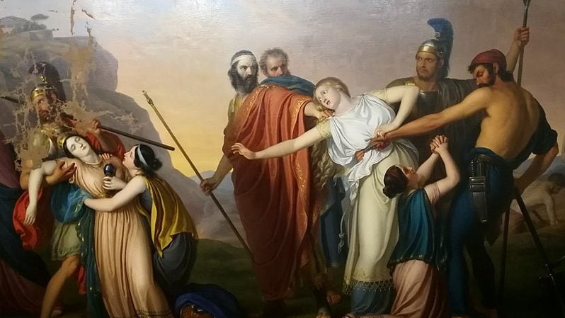 A painting of Antigone condemned to death, surrounded by people having collapsed on the left of the painting