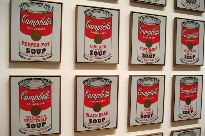 The picture rapreesent a row of painting made by Warhol with the image of Campbell soup