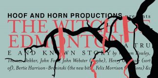 The words 'Hoof and Horn Productions, The Witch of Edmonton' are superimposed on a green background, as well as the names of the writers/directors of the play. A black silhouette of a tree intertwines with the words