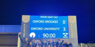 Women's football Blues celebrate beating Brookes.