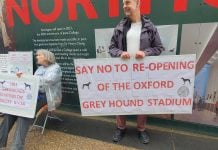 A man holding a white sign with red writing saying: "SAY NO TO RE-OPENING OF THE OXFORD GREYHOUND STADIUM"