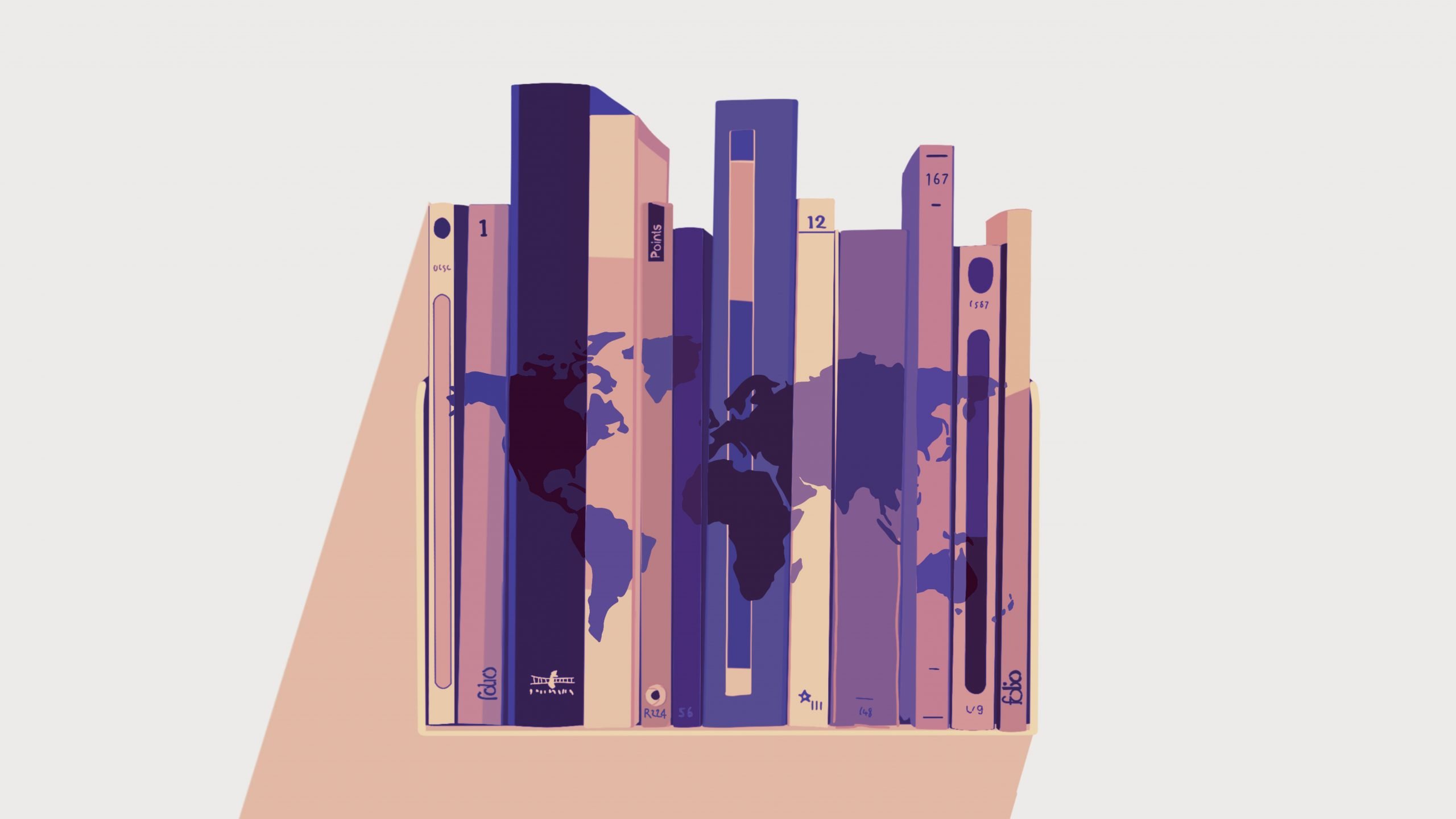 An illustration of books aligned on a shelf. They are superimposed with an illustration of a world map.