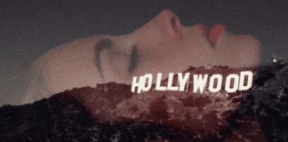 Image of a woman's face and the Hollywood sign