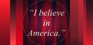 The words "I believe in America" on a red background