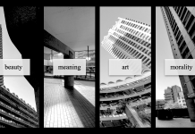 Four black-and-white images of the Barbican, with the text "beauty/meaning/art/morality" printed over it