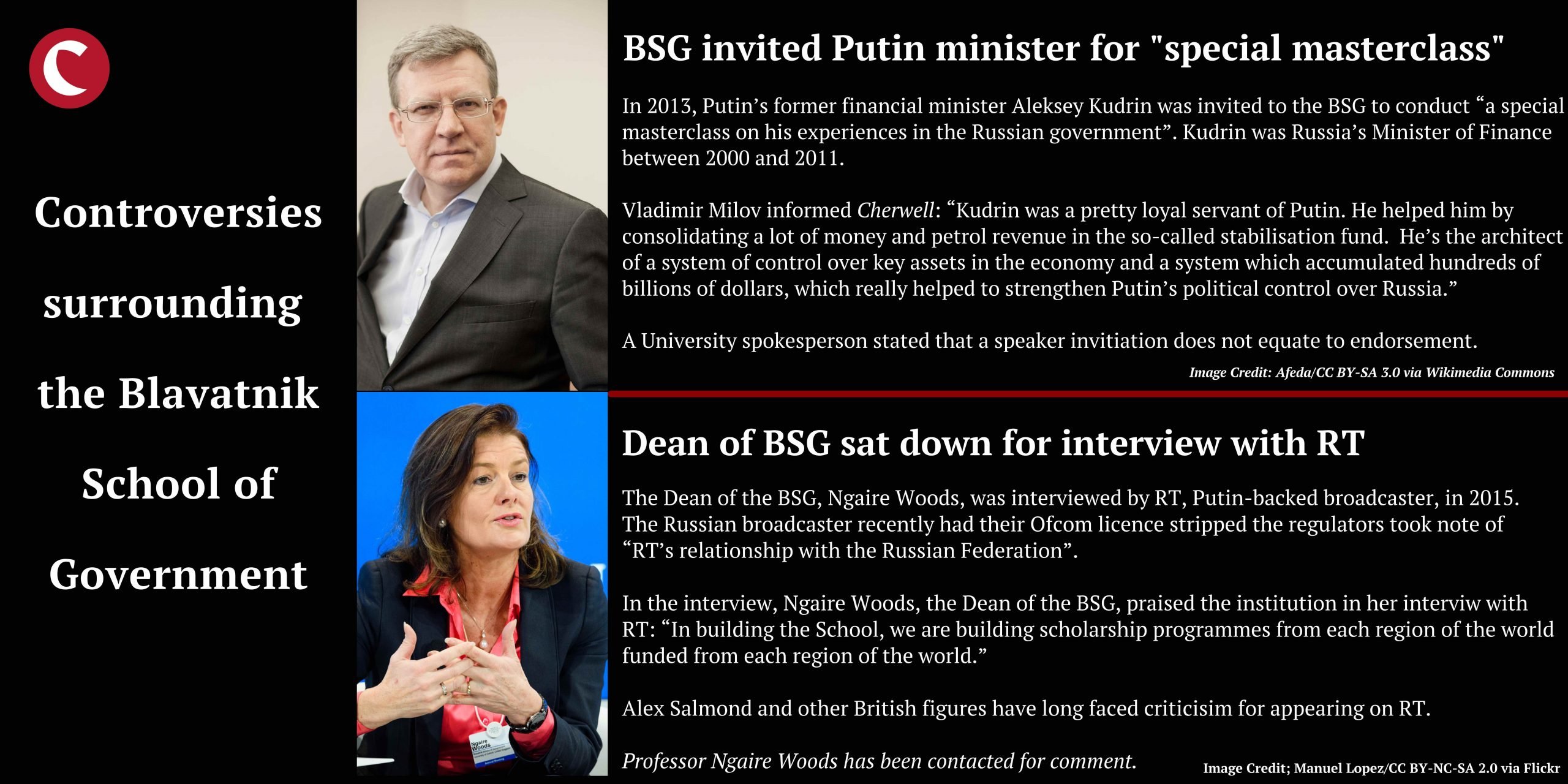 Controversies surrounding 
the Blavatnik School of Government: 

BSG invited Putin minister for "special masterclass"

In 2013, Putin’s former financial minister Aleksey Kudrin was invited to the BSG to conduct “a special masterclass on his experiences in the Russian government”. Kudrin was Russia’s Minister of Finance between 2000 and 2011. 

Vladimir Milov informed Cherwell: “Kudrin was a pretty loyal servant of Putin. He helped him by consolidating a lot of money and petrol revenue in the so-called stabilisation fund.  He’s the architect of a system of control over key assets in the economy and a system which accumulated hundreds of billions of dollars, which really helped to strengthen Putin’s political control over Russia.”

A University spokesperson stated that a speaker invitiation does not equate to endorsement. 

Image Credit: Afeda/CC BY-SA 3.0 via Wikimedia Commons


Dean of BSG sat down for interview with RT

The Dean of the BSG, Ngaire Woods, was interviewed by RT, Putin-backed broadcaster, in 2015. The Russian broadcaster recently had their Ofcom licence stripped the regulators took note of “RT’s relationship with the Russian Federation”. 

In the interview, Ngaire Woods, the Dean of the BSG, praised the institution in her interviw with RT: “In building the School, we are building scholarship programmes from each region of the world funded from each region of the world.”  

Alex Salmond and other British figures have long faced criticisim for appearing on RT.  

Professor Ngaire Woods has been contacted for comment. 

Image Credit; Manuel Lopez/CC BY-NC-SA 2.0 via Flickr
