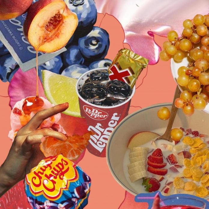 collage of food, drink and a single dark-skinned hand on a salmon coloured background