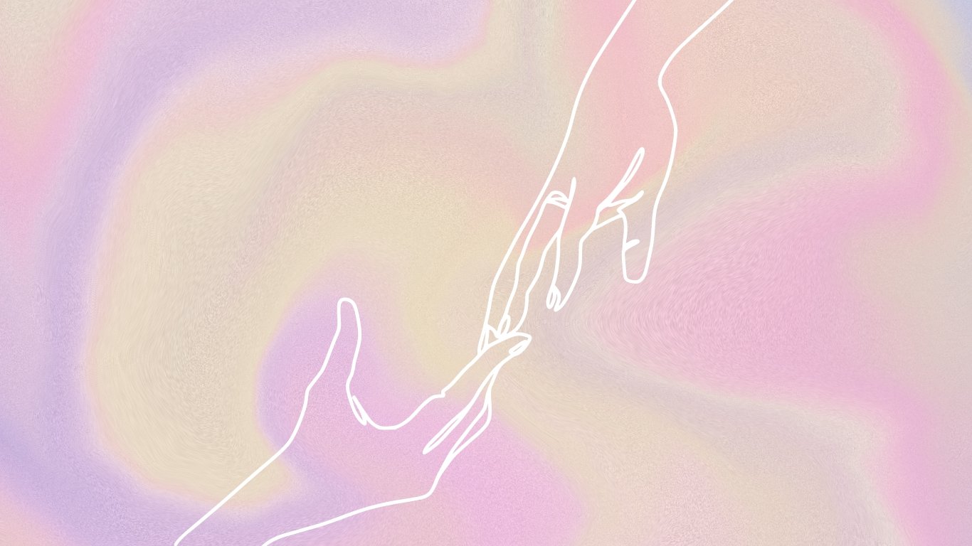 Outline of two hands touching on a swirly background.