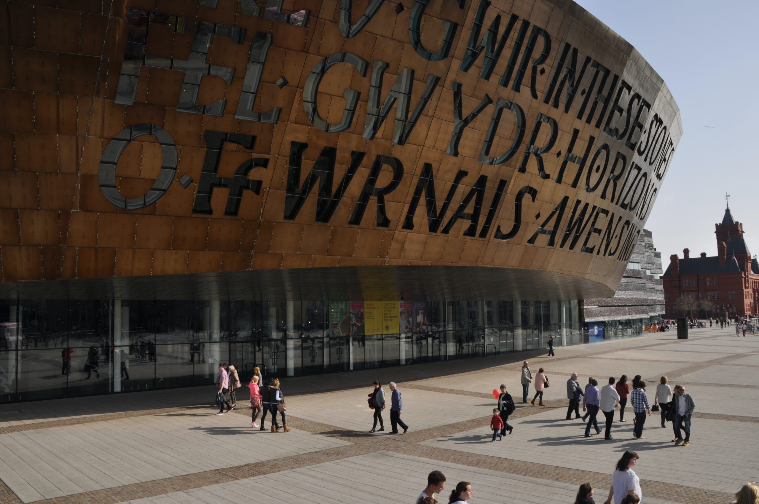 Gwyneth Lewis' poetry on the façade of the Wales Millennium Centre. 