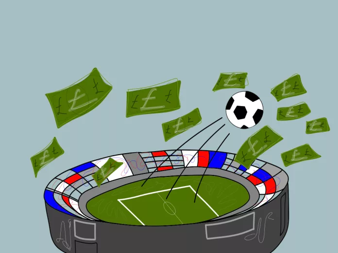 Illustration of football and pound notes in stadium