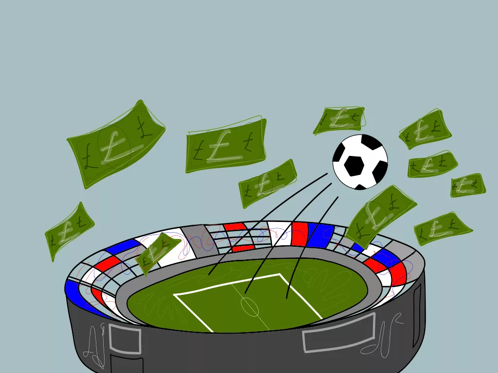 Illustration of football and pound notes in stadium