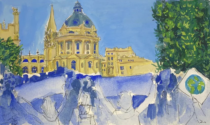 Watercolour sketch of the Radcliffe Camera and students protesting holding placards beneath.