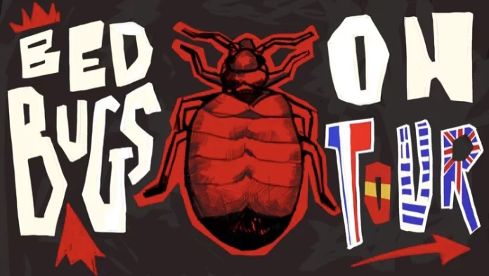 Illustration of bed bug with text 'bed bugs on tour'