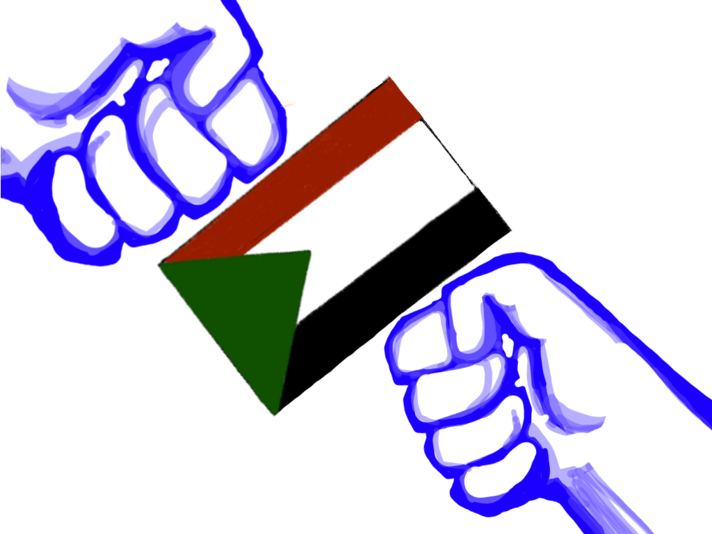 Illustration of two fists meeting in the middle of a Sudanese flag.