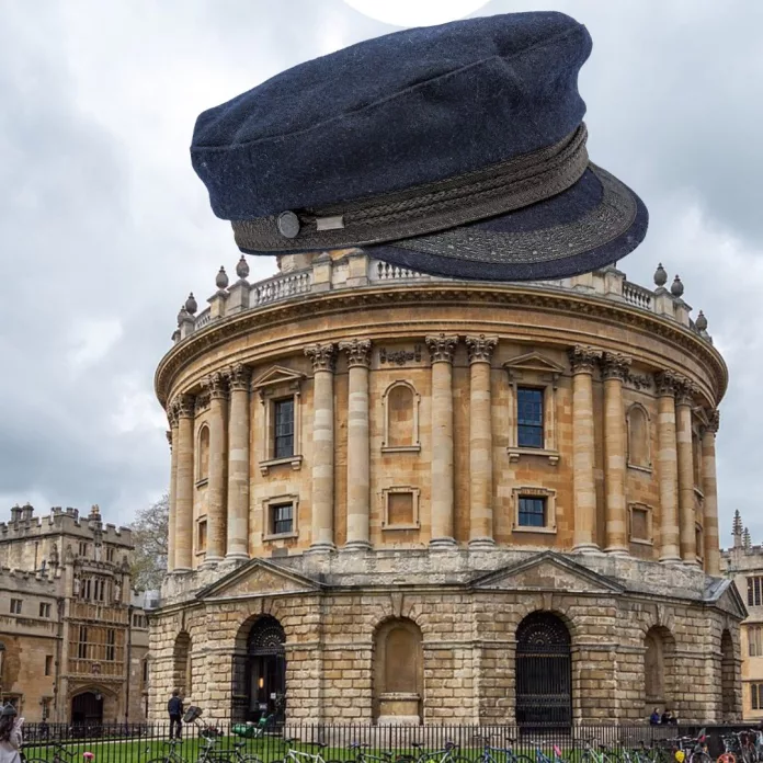 alt= the Radcliffe Camera wearing a hat