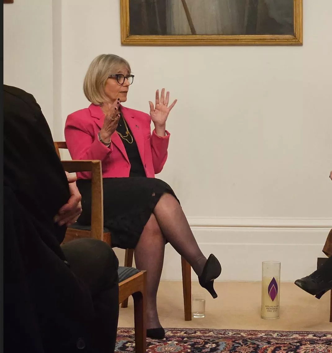 Photo of Laura Marks in conversation at Magdalen College