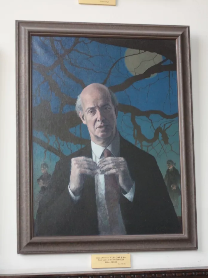 Portrait of Sir Claus Adolf Moser, located inside Wadham. Image of the former Warden, foregrounded on a dark blue background. Fog and ghosts surround him. His hands are blurred.