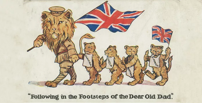 Poster from the British Empire in WW1, showing a British lion being followed by bears representing other countries. Captioned "Following in the Footsteps of the Dear Old Dad".