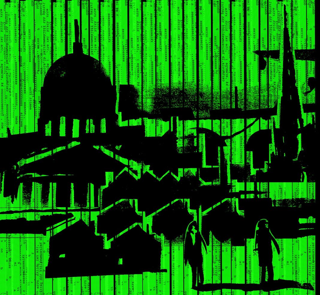 Silhouetted buildings of Oxford University, including domes and spires, are set against a vibrant green background filled with vertical lines of code, creating a striking contrast between historic architecture and digital imagery. Two shadowy human figures stand in the foreground, enhancing the cyberpunk atmosphere to reflect Roundtable of students on AI at Oxford.