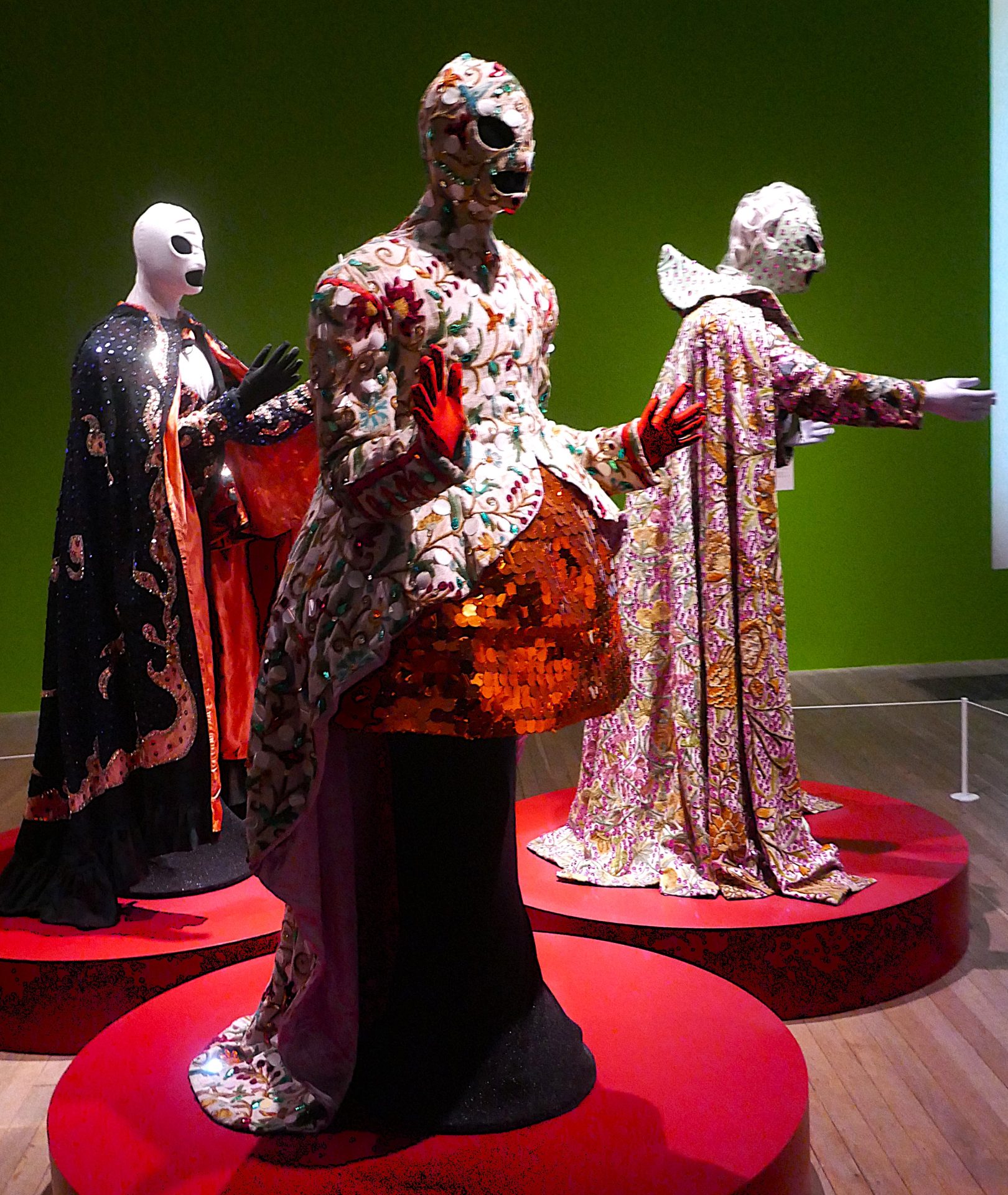 Leigh Bowery's individuality appeared in the elaborate and aliien-like fashion he produced - utilising colour, sequins and headgear in unique ways.