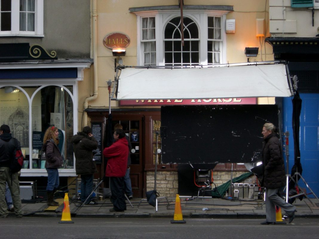 Exterior of 'The White Horse' Pub being used as a film set.
