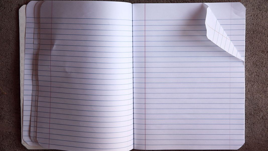 Blank pages in an open notebook