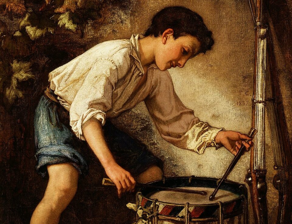 drummer boy thomas couture A painting of a boy standing playing a drum on the floor.