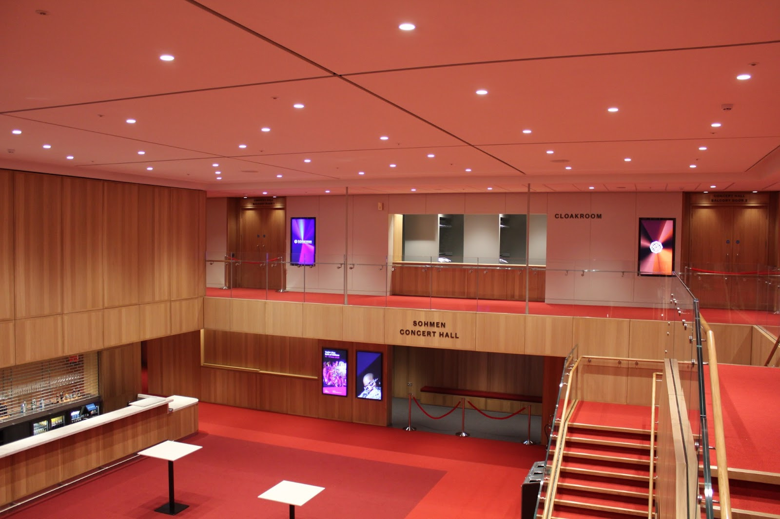 The reception area outside the Sohmen Concert Hall features a bar downstairs and a cloakroom upstairs